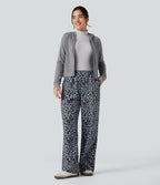 Pantalon léopard ample décontracté velours côtelé imprimé taille haute avec poches
