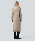 Robe pull laine mélangée col V manches longues mi-longue - réversible devant et dos