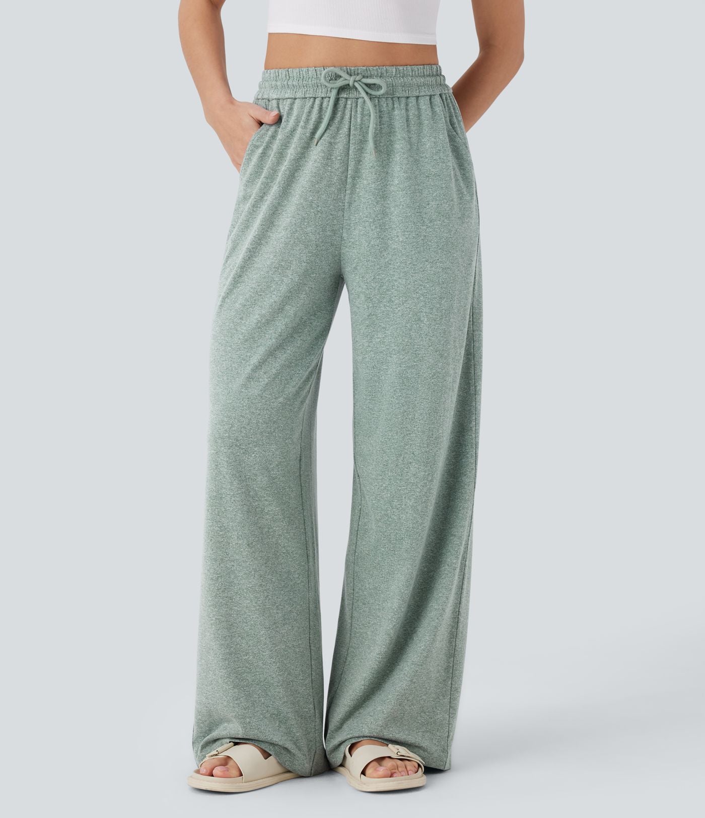 Pantalon large décontracté taille haute avec cordon de serrage et poches latérales
