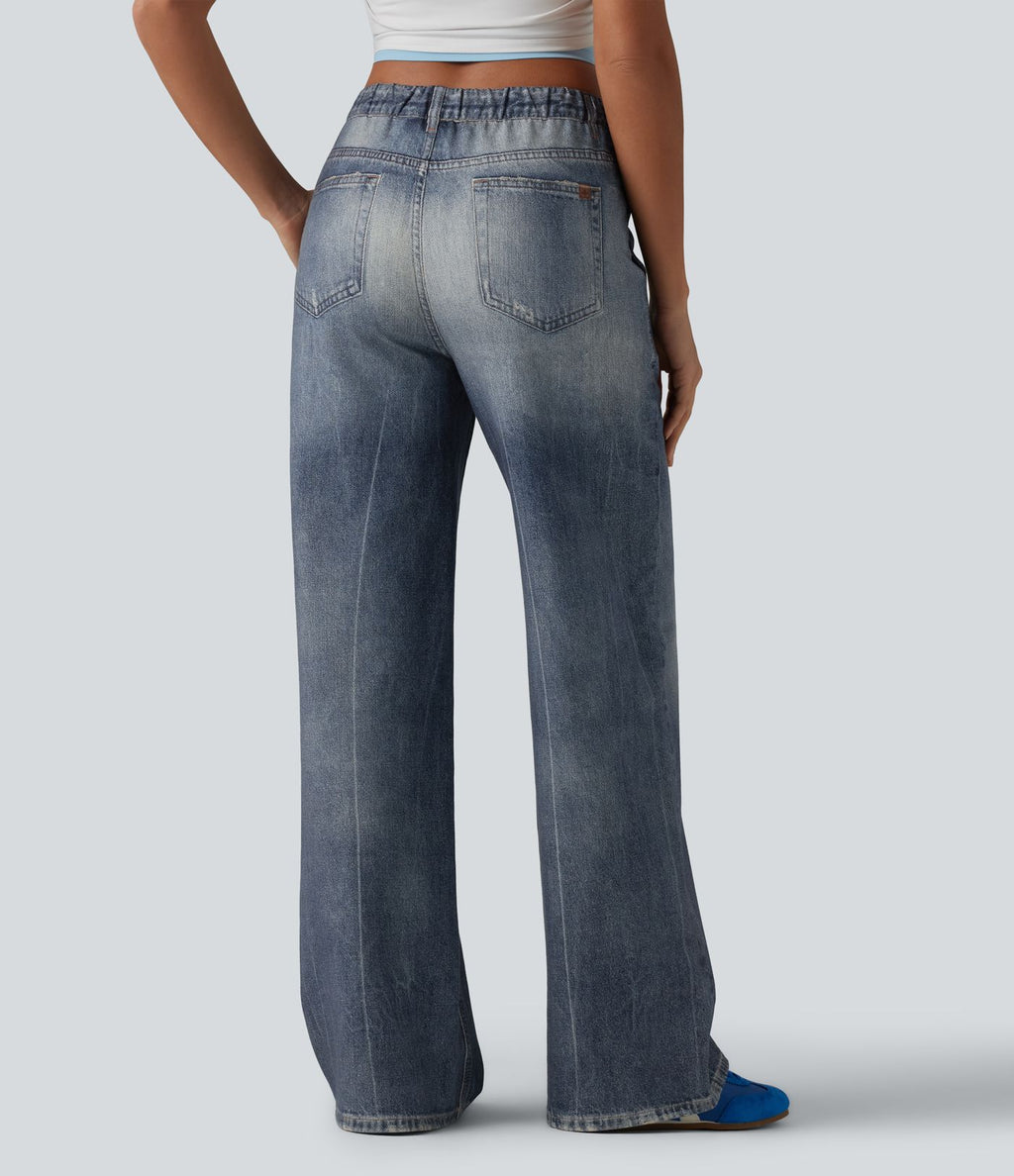 Jogging jean décontracté en molleton French Terry imprimé denim taille mi-haute avec poches