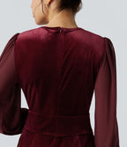 Combinaison velours mesh contrastant col V manches longues bouffantes avec poches