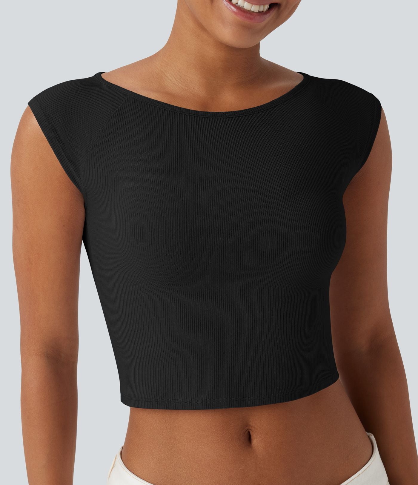 Haut casual crop tricot côtelé col bateau manches courtes
