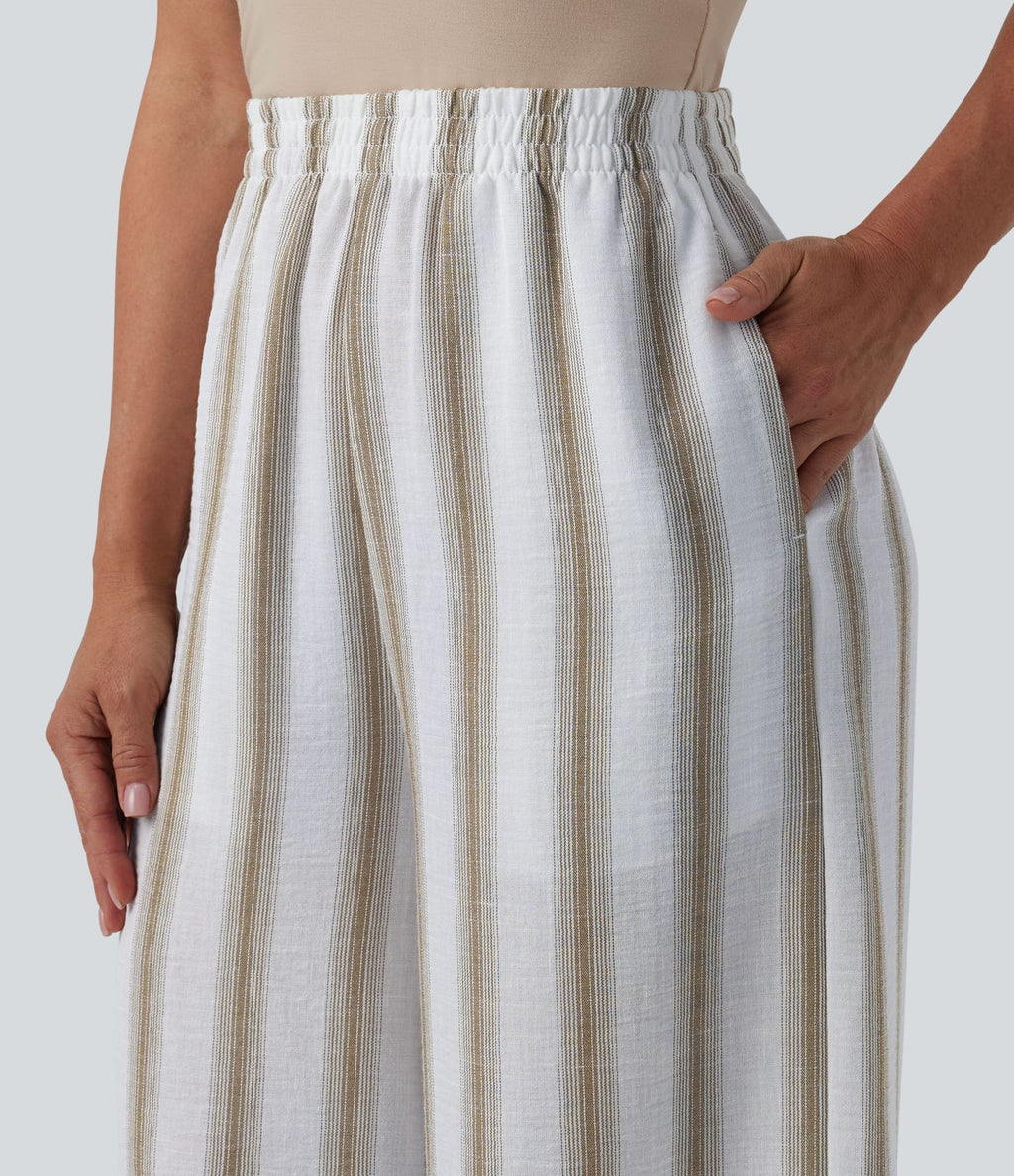Pantalon casual ample taille haute aspect lin à rayures avec poches