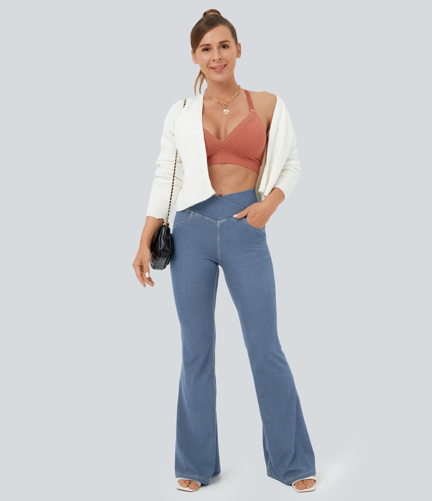 Jean super évasé Halara Flex™ décontracté maille denim extensible délavée effet frais InstantCool taille haute poches croisées