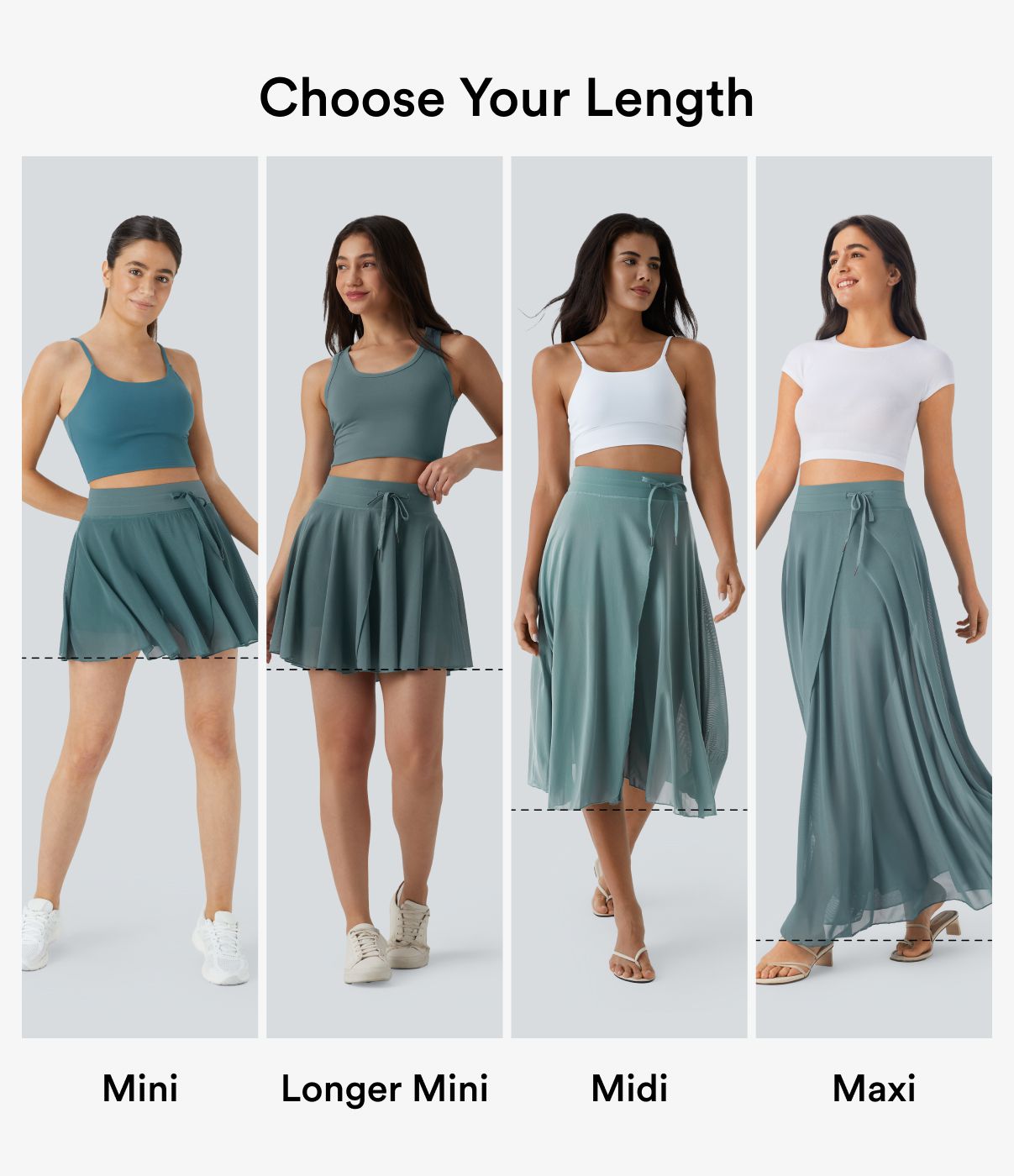 Jupe mini fluide évasée 2-en-1 taille haute à cordon, empiècements en mesh contrastant, avec poche, version plus longue
