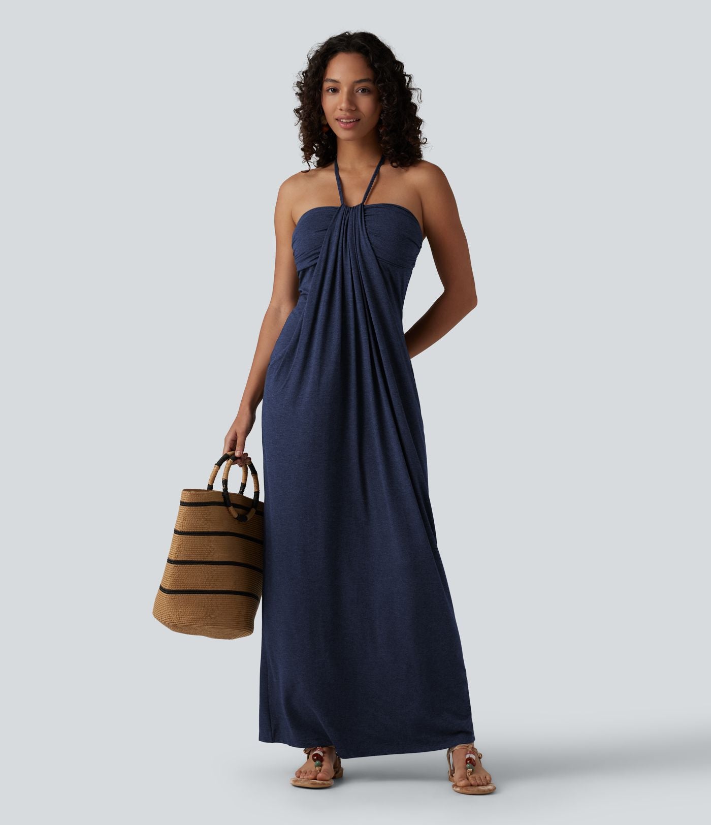 Robe longue dos nu à nouer avec soutien-gorge intégré et poches