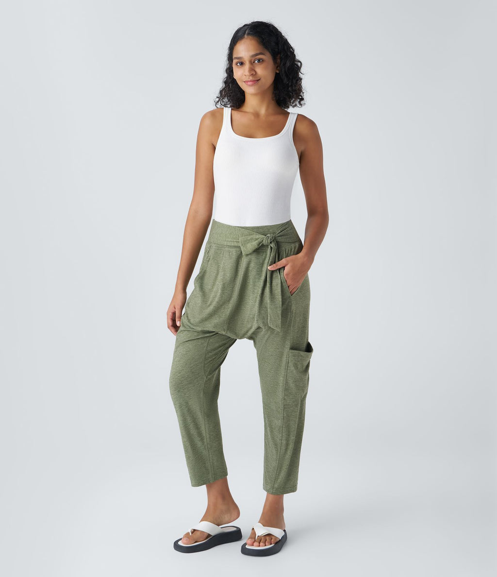 Pantalon Harem Casuak à Taille Mi-Haute avec Liens sur le Côté et Multiples Poches