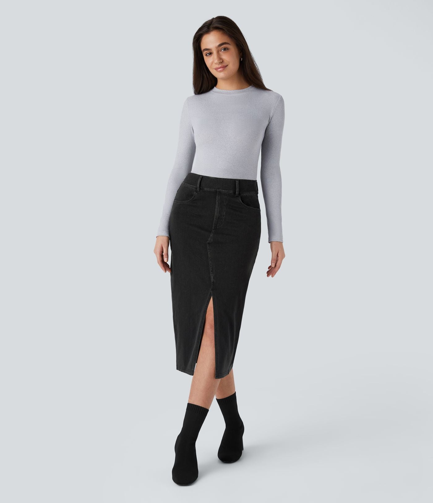 Halara Flex™ Jupe en Jean Midi Casual Tricot Extensible Taille Haute Poches Multiples
