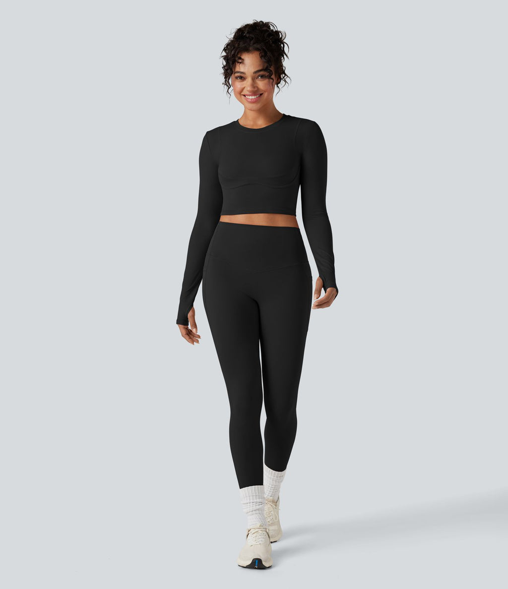 Top de sport yoga court Halara UltraSculpt™ col rond manches longues avec trous pouces