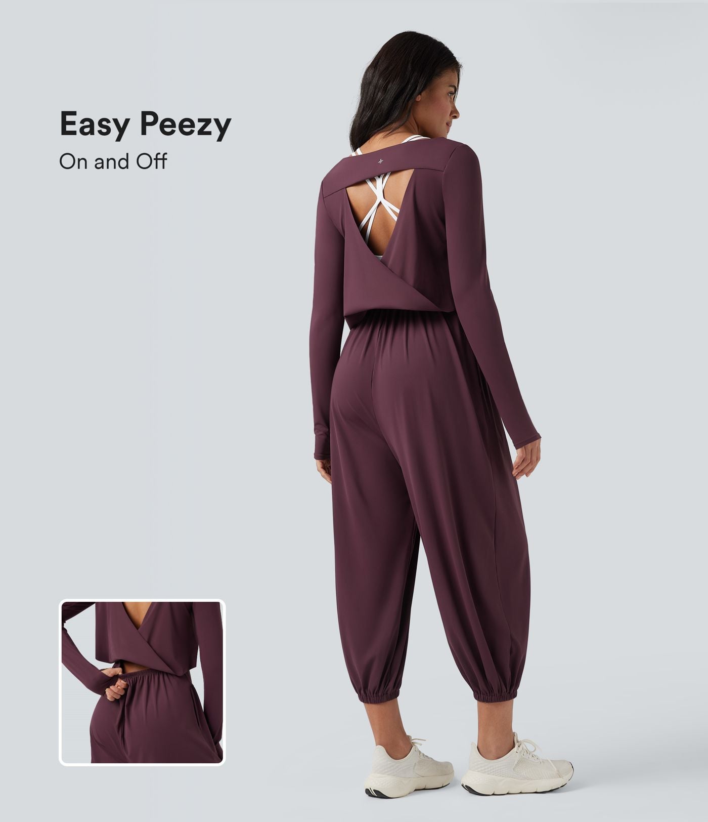 Combinaison de yoga SoftlyZero™ aérée dos découpé manches longues à trous pouces avec poches - Easy Peasy
