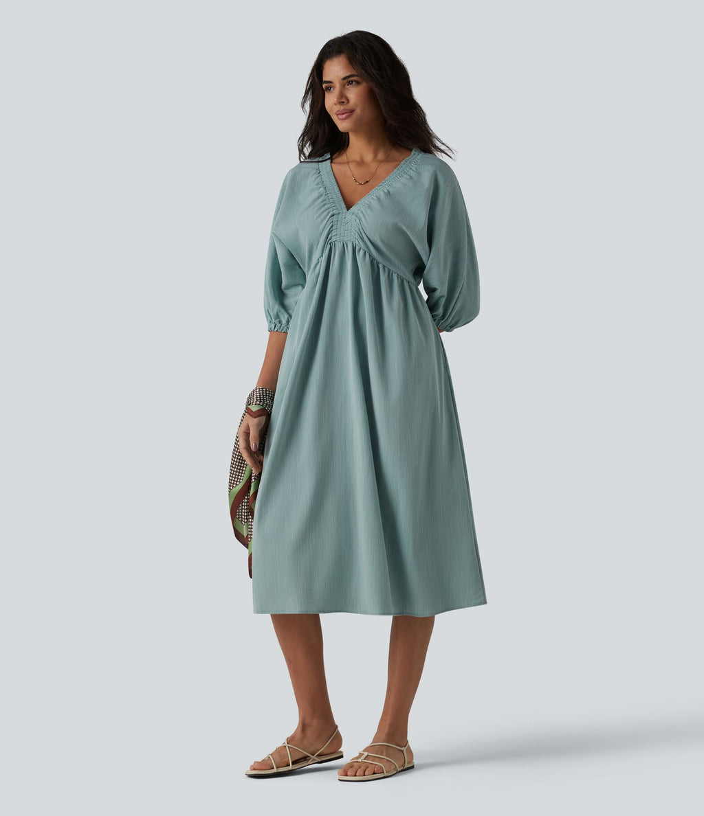 Robe midi casual col V à manches trois-quarts aspect lin, avec poches