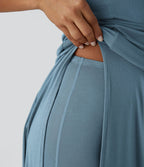 Robe Casual Midi 2 Pièces Capuche Col Montant Sans Manches Fendue avec Découpe Dos Nœud Côtelée