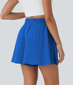 Short large décontracté taille haute façon paperbag avec cordon, poches latérales et aspect lin