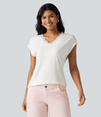 T-shirt décontracté en dentelle col V manches courtes