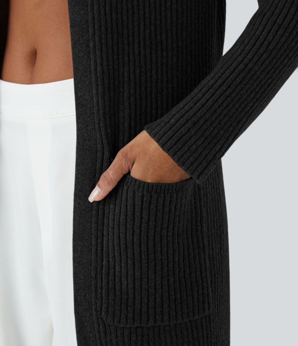 Cardigan long casual à capuche, manches longues et poches