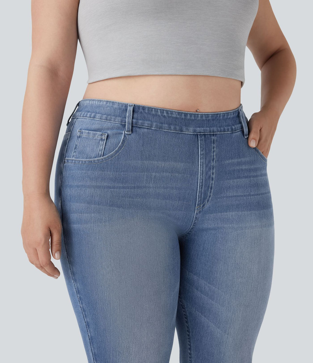 Jean décontracté grande taille évasé taille haute Halara Flex™ effet délavé avec multiples poches