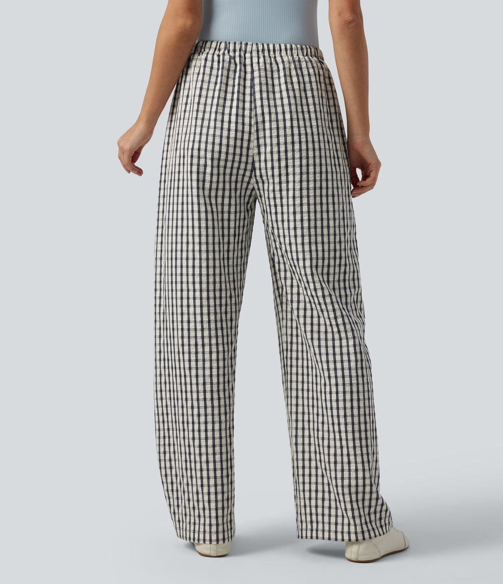 Pantalon large décontracté à carreaux taille mi-haute avec cordon de serrage et poches