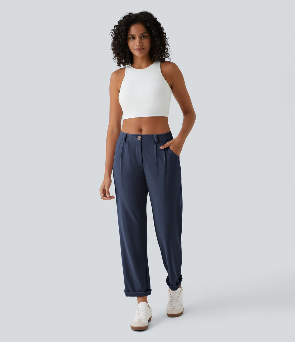 Pantalon casual taille mi-haute en maille gaufrée avec poche zippée