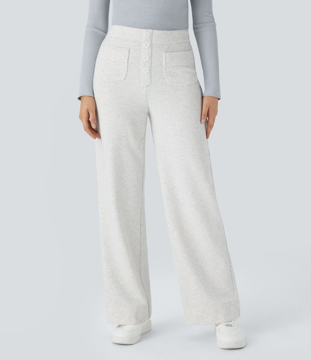 Pantalon Jogging en Fleece Thermique Jambe Droite Boutons Taille Haute Plusieurs Poches