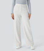 Pantalon Jogging en Fleece Thermique Jambe Droite Boutons Taille Haute Plusieurs Poches