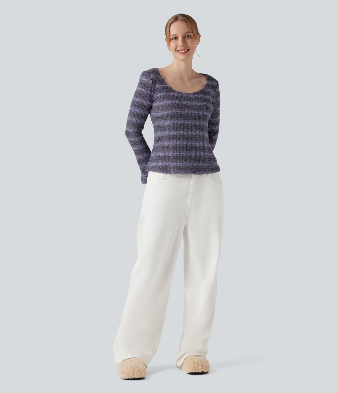 T-shirt tricoté décolleté rond à manches longues en maille gaufrée à rayures dégradées
