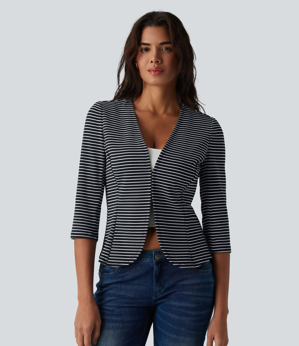 Blazer casual ouvert col V manches 3/4 à rayures en maille côtelée