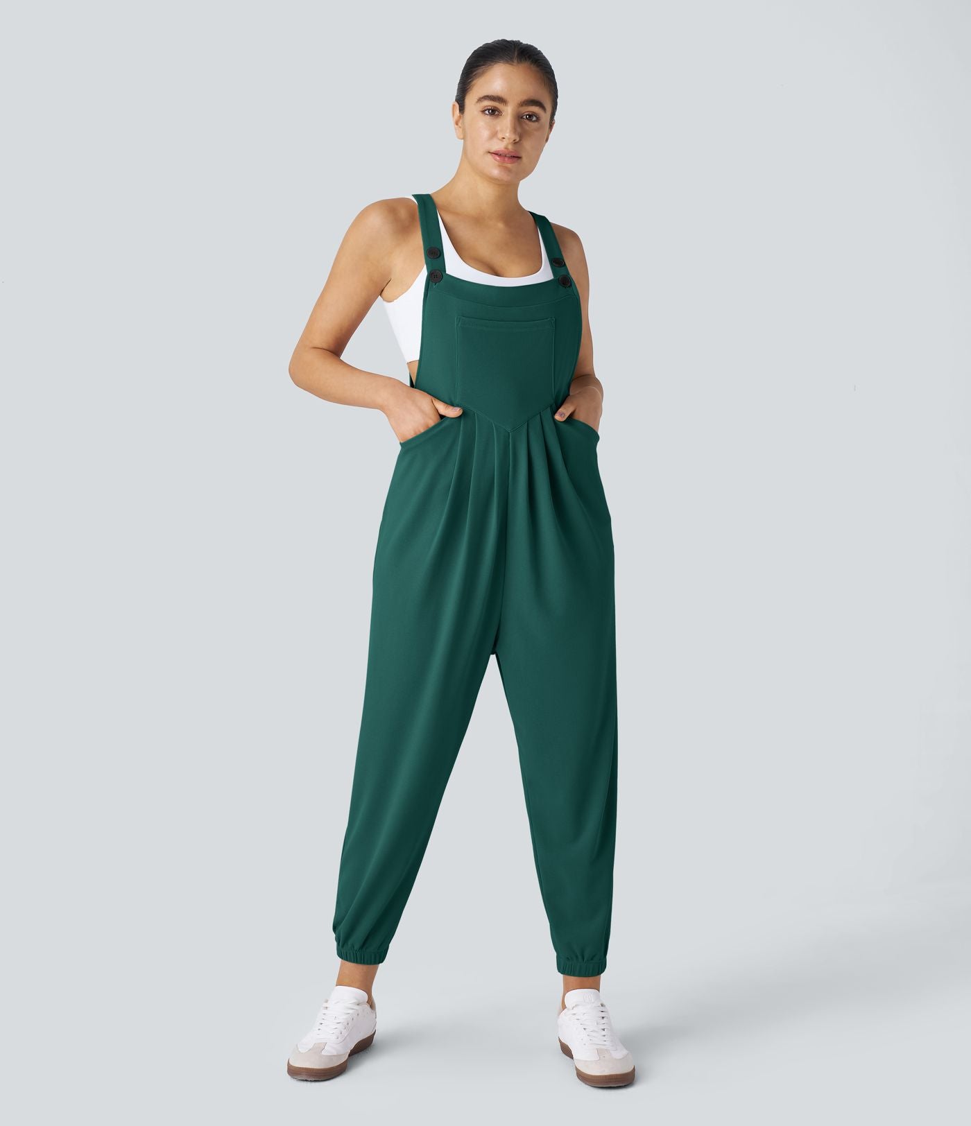 Salopette Casual Bretelles Ajustables Boutonnés Multiples Poches Plis et Tissu Gaufré