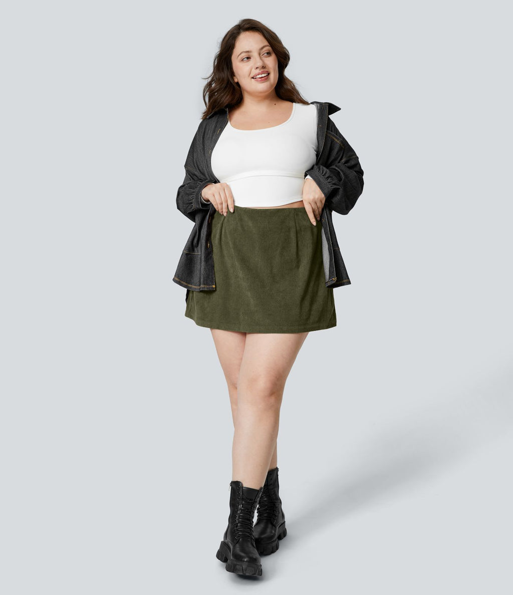 Jupe Casual Grande Taille en Velours Côtelé Mini à Taille Haute avec Fermeture Éclair Invisible 2 en 1