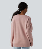 Pull décontracté col V à manches longues et épaules tombantes