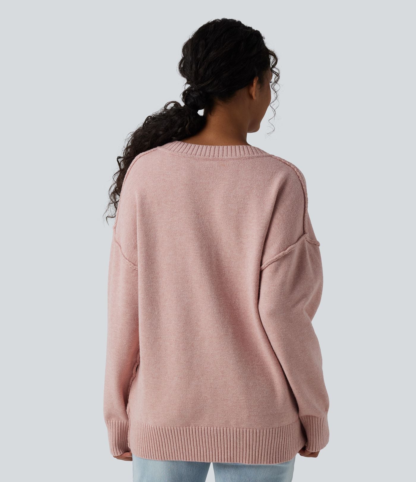 Pull décontracté col V à manches longues et épaules tombantes