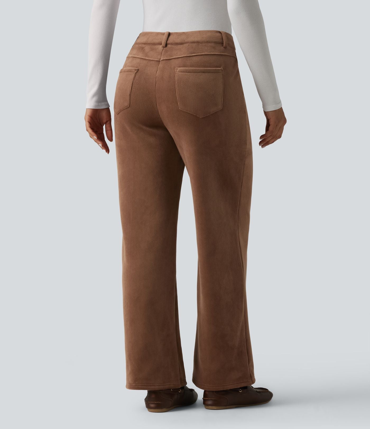 Pantalon droit casual en velours côtelé molletonné taille mi-haute avec poches