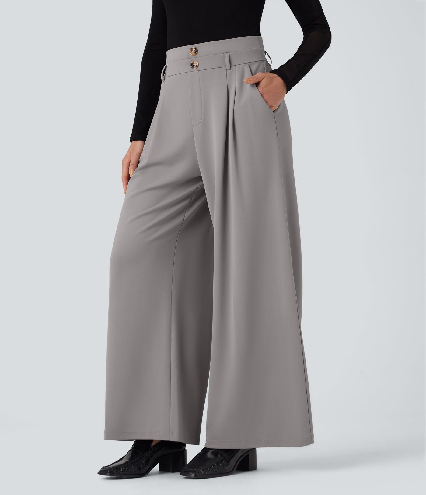 Pantalon de travail en crêpe à taille haute et jambes larges avec double ceinture et poches Halara Flex™