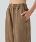 Pantalon jogging coton molleton français délavé taille mi-haute avec poches