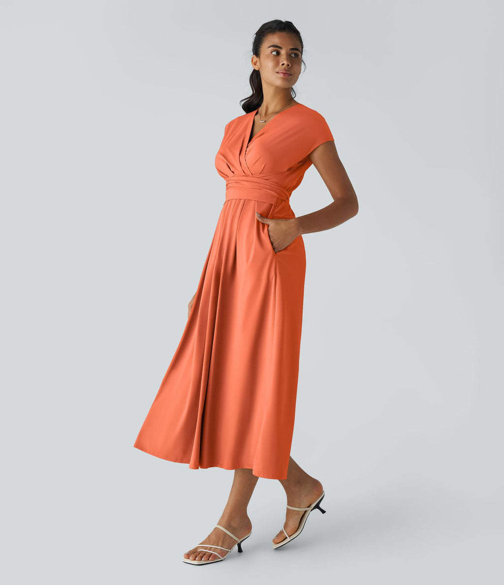 Breezeful™ Robe Mi-Longue Col en V Manches Courtes Poche Latérale Nouée au Dos Séchage Rapide