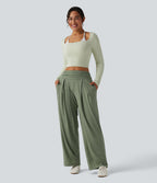 Pantalon de yoga chiné froncé taille haute avec poches