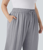 Pantalon décontracté grande taille large fluide taille haute effet lin avec cordon de serrage et poches