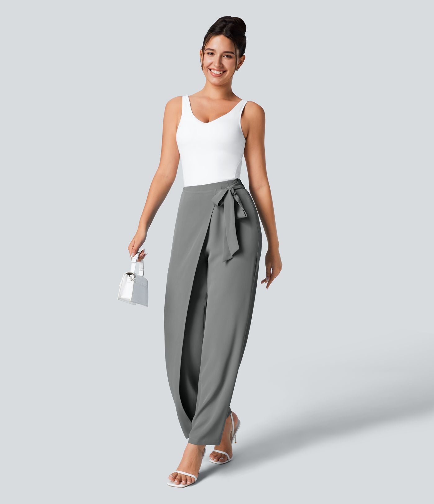 Pantalon Tailleur Large Fluide Taille Haute Fermeture Éclair Invisible