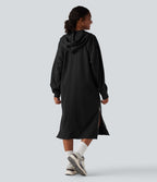 Robe sweat midi à capuche avec cordon de serrage et zip à l'ourlet à manches longues avec poches