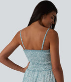 Robe nuisette midi casual fluide en mousseline à imprimé floral, fronces et bretelles réglables avec poches