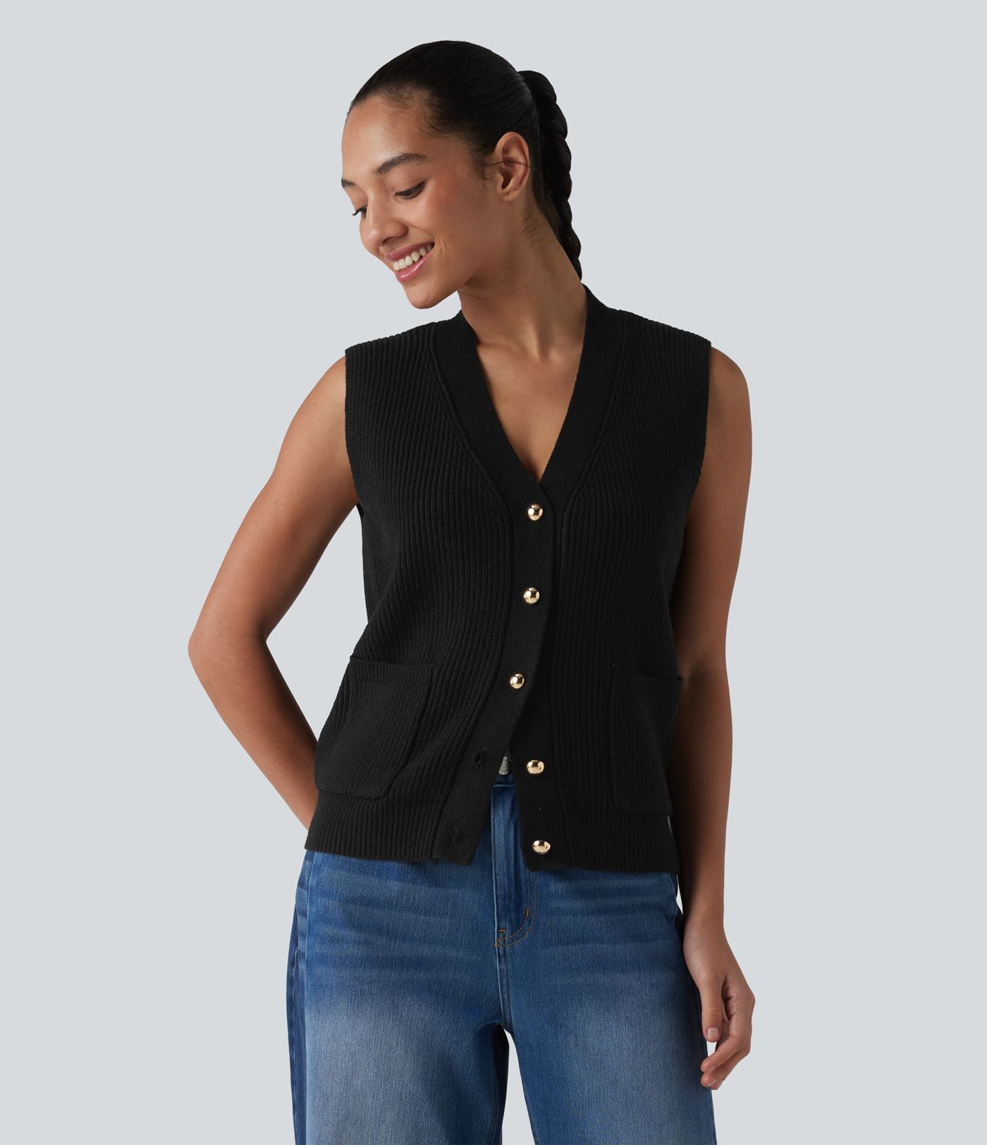 Gilet casual en maille col V boutonné, avec poches