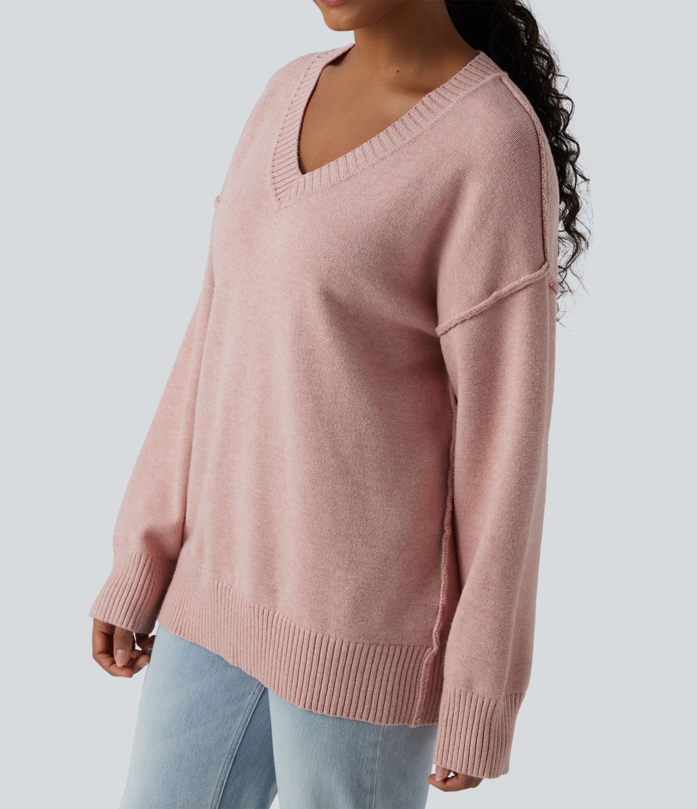 Pull décontracté col V à manches longues et épaules tombantes