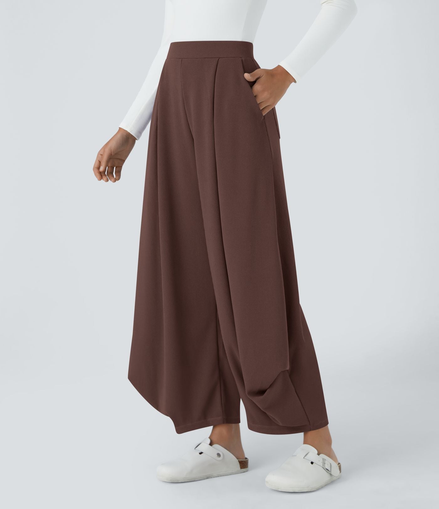 Pantalon décontracté harem uni côtelé, taille haute, avec poches
