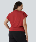 Blouse Travail Unie Froncée Croisée Manches Courtes Col en V Grande Taille