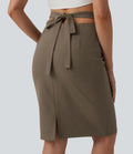 Jupe crayon casual mi-longue taille haute mélange lin à nœud dos