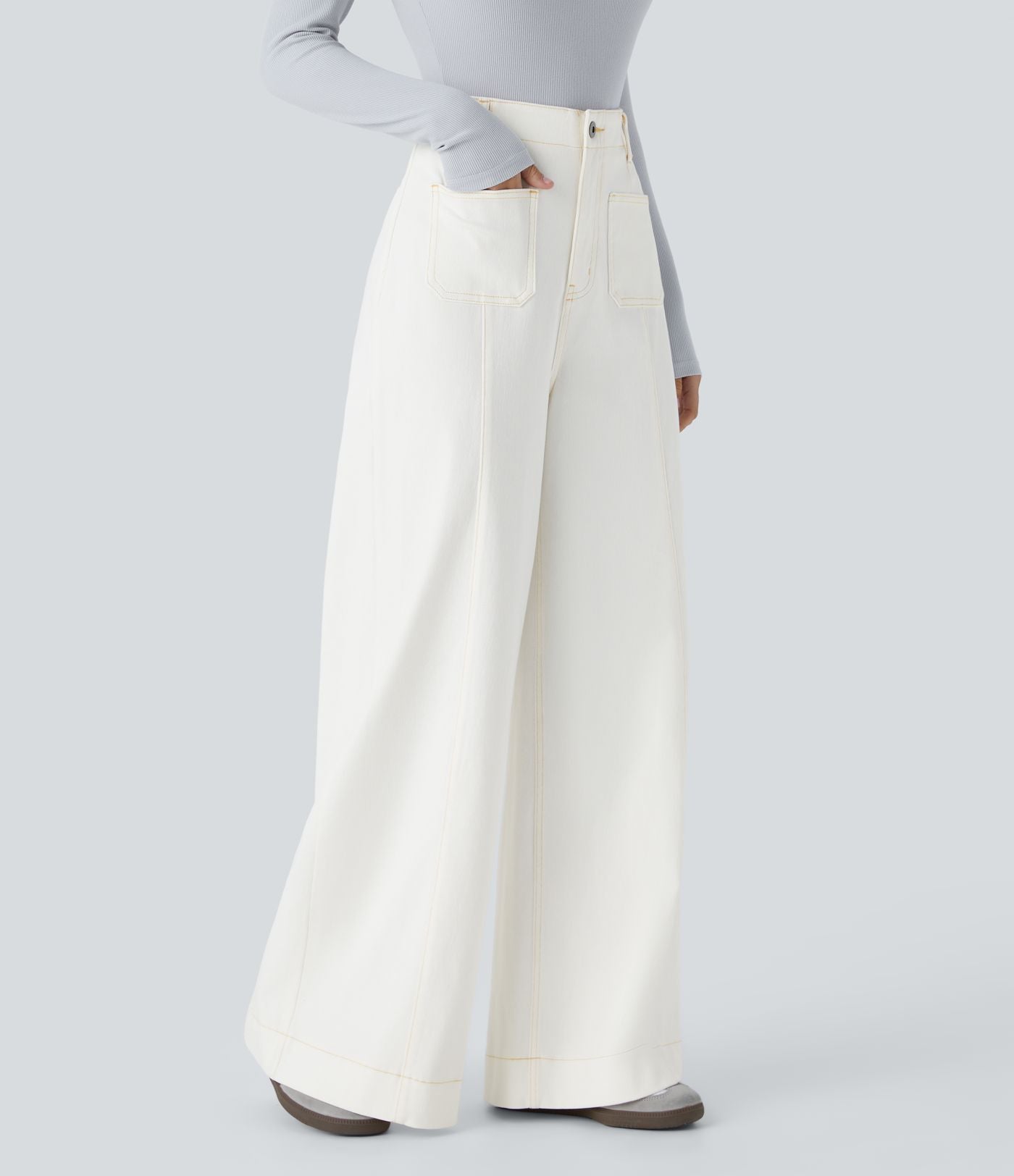 Halara Flex™ Jean large Palazzo et Taille Haute avec Poches Avant en Tricot Extensible Lavé