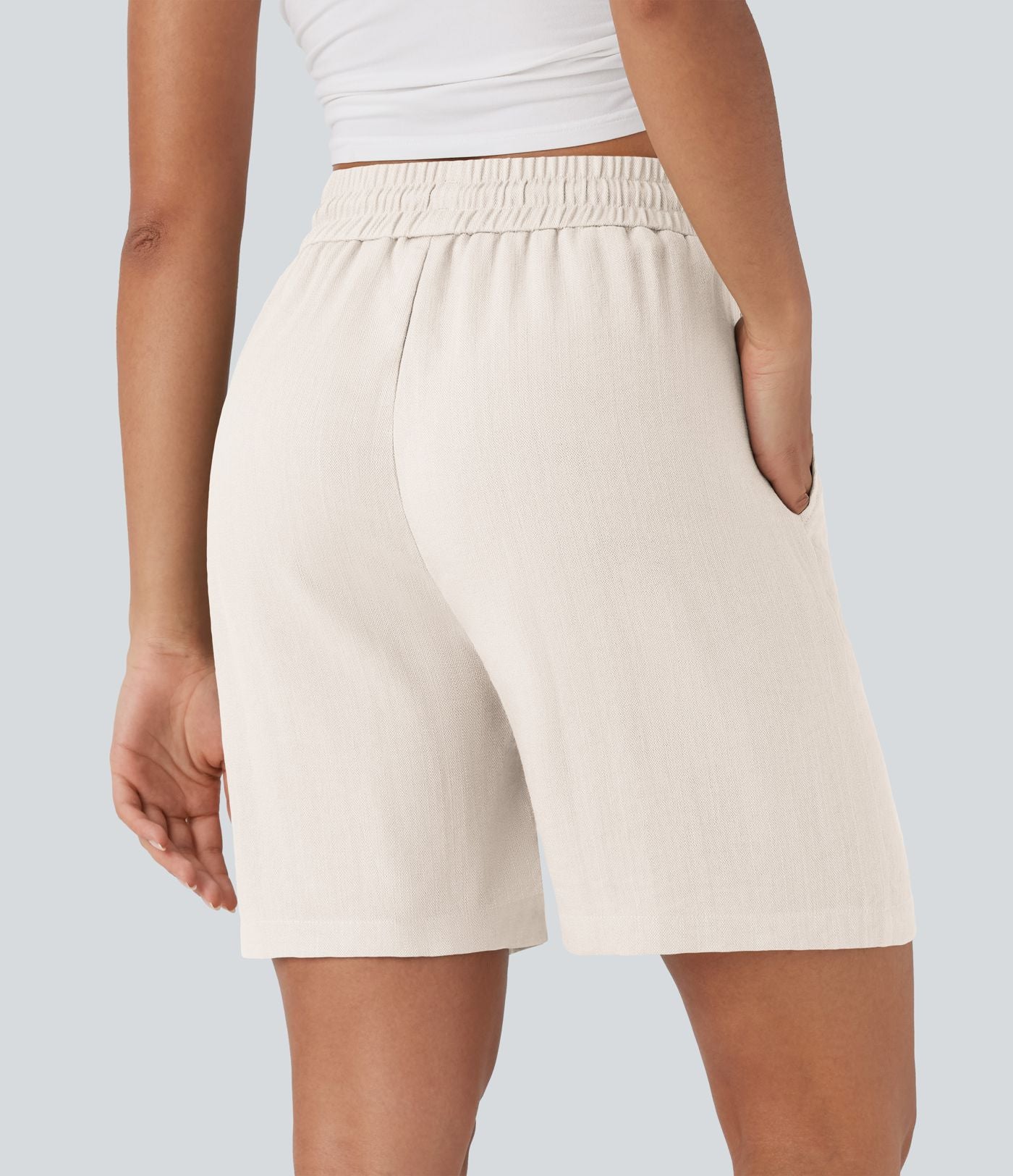 Short décontracté effet lin taille haute avec cordon de serrage et poches latérales