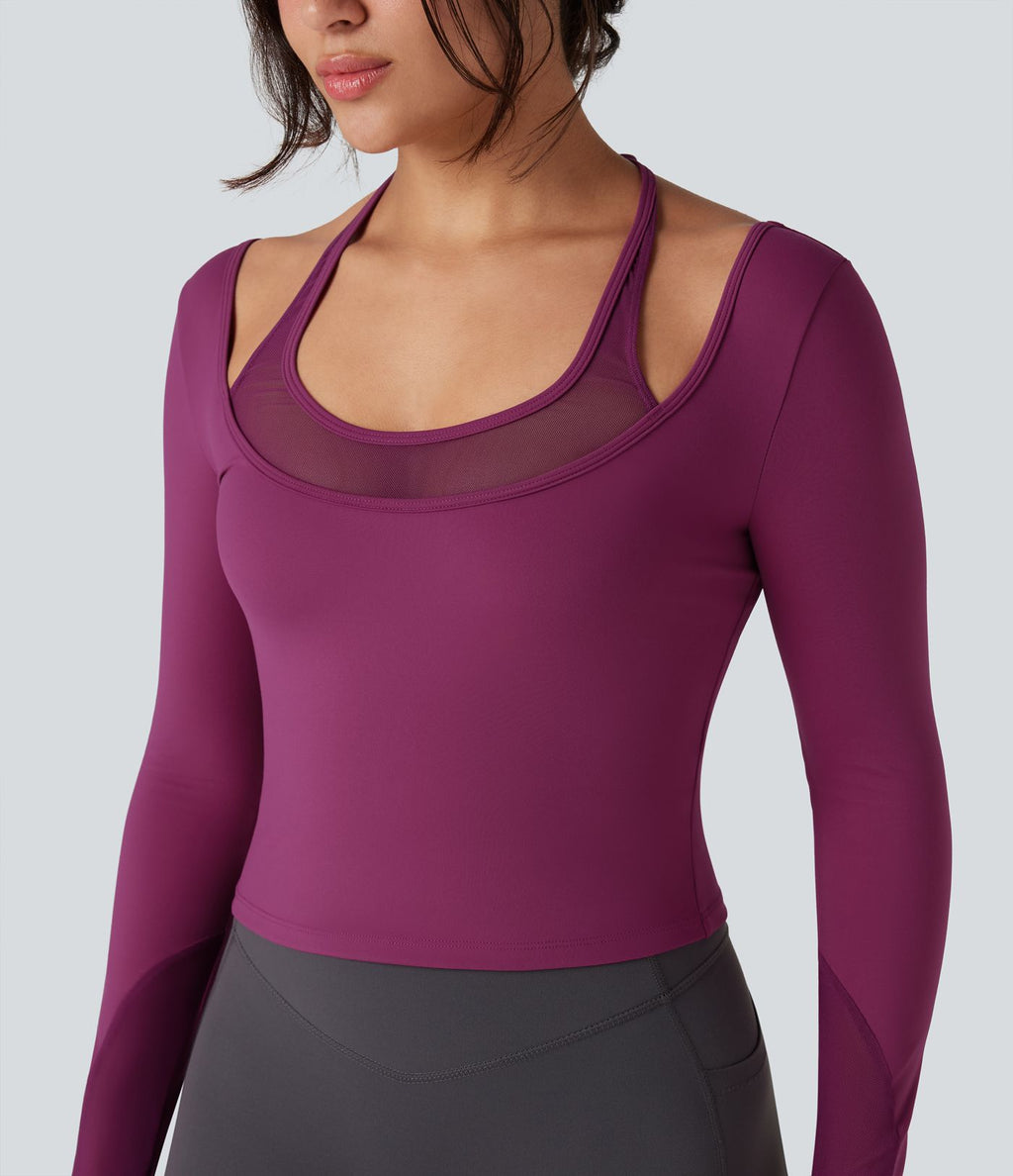 Top de sport yoga SoftlyZero™ Plush dos nu mesh contrastant manches longues avec trous pouces