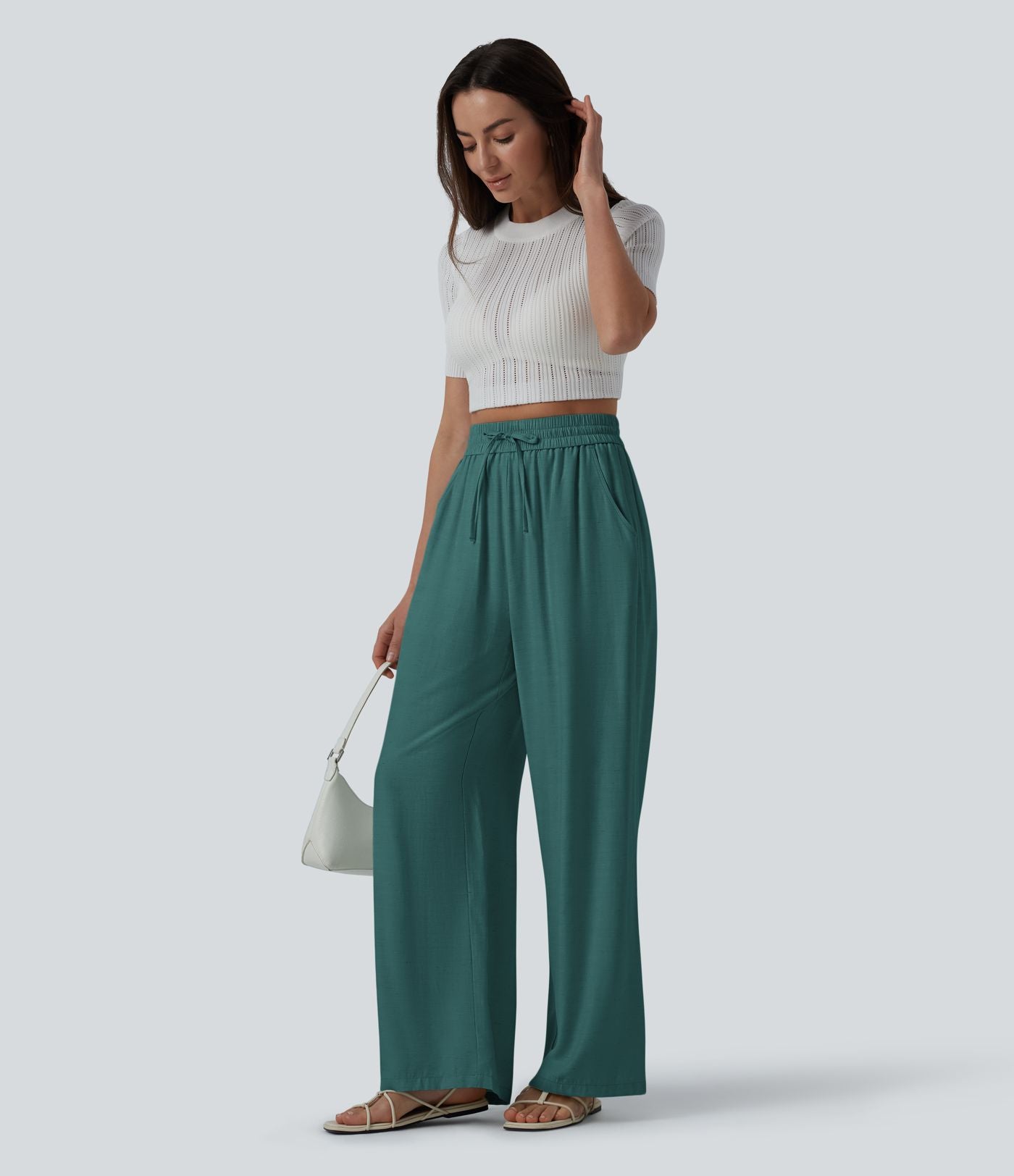 Pantalon casual large mélange lin taille haute avec cordon de serrage et poches