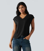 T-shirt décontracté en dentelle col V manches courtes