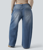Jean décontracté grande taille Halara Flex™ asymétrique taille basse jambes larges effet délavé avec poches